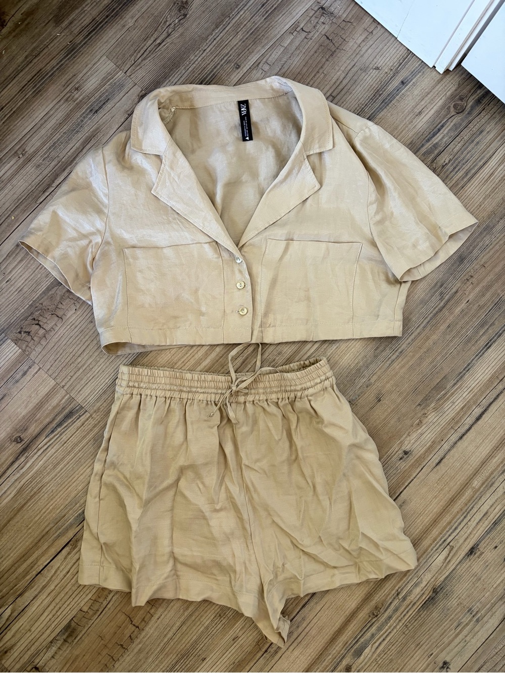 Zara Sand-Beige Linen-Look Satiny Cropped Shirt & Drawstring Shorts Set